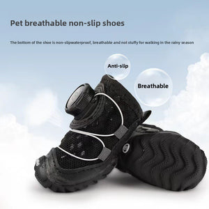 Black dog shoe with a twist knob closure and a wavy rubber sole shown against a cloudy sky