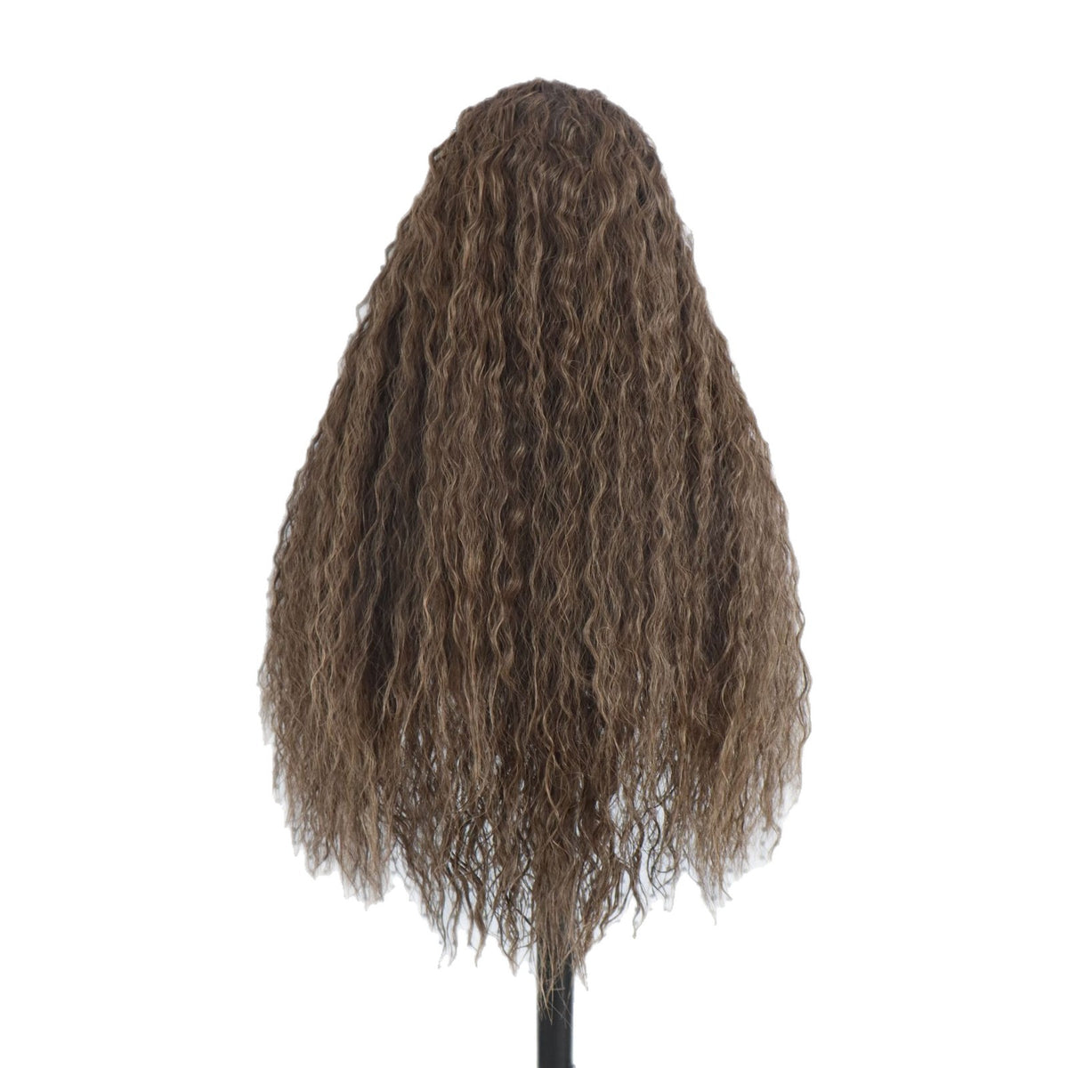Back view of a long curly brown synthetic wig with light highlights on a white background