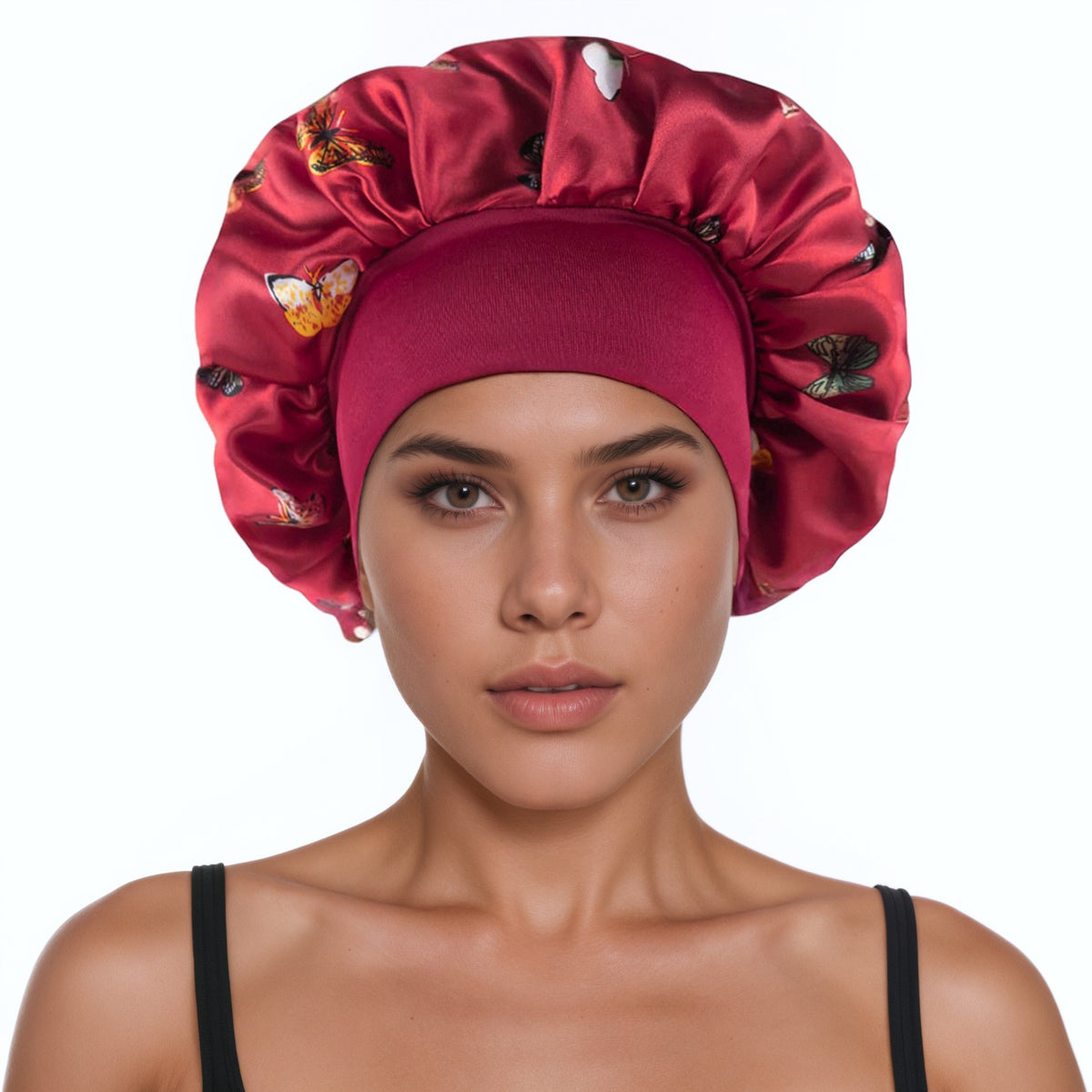 Burgundy Butterfly Print satin sleep bonnet with ruffled crown and wide elastic band, 30 cm diameter