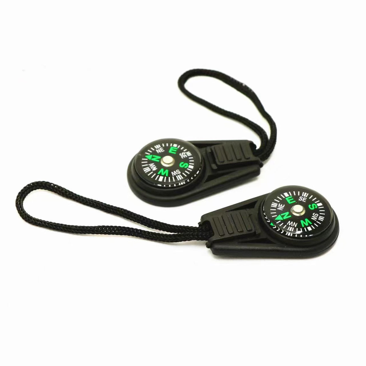 Two black mini lanyard compasses with black cord loops and ridged grip tabs on a white background