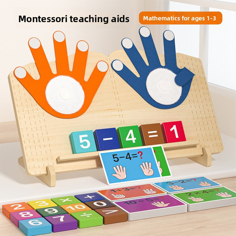 Montessori wooden finger math board with orange and blue felt hands, a dotted board on a stand and colorful sum cards