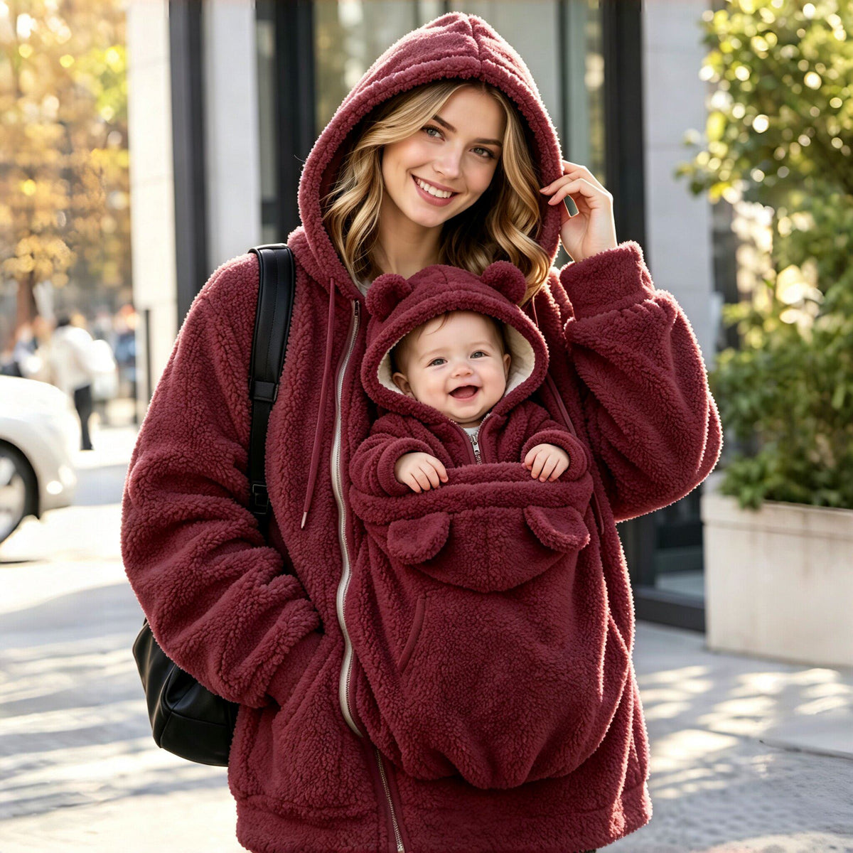 Burgundy lamb fleece zip hoodie with a front baby pouch with bear ears, worn on a city street