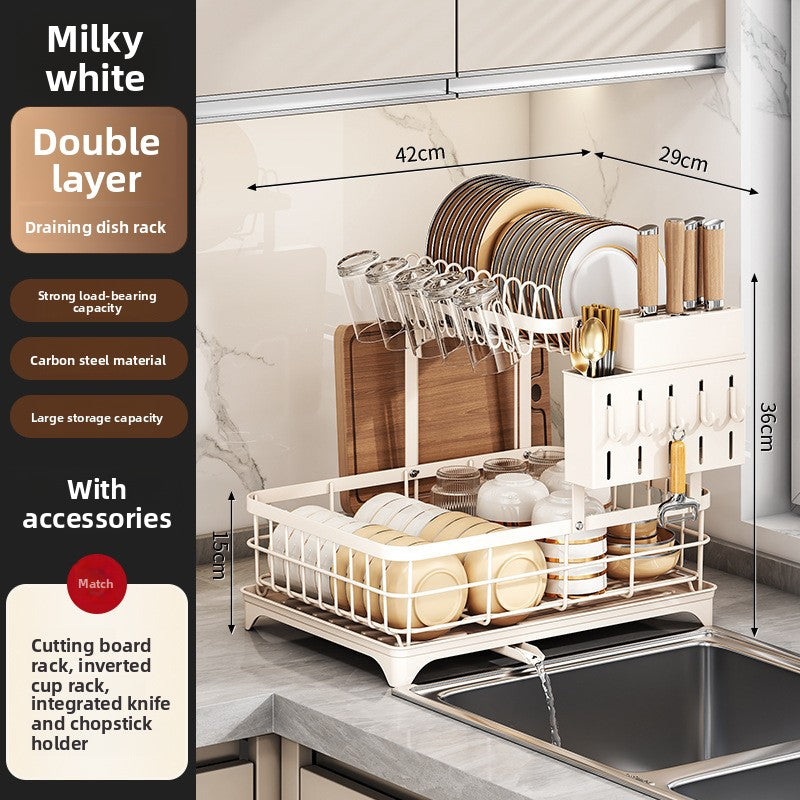 Ivory double layer dish rack, 42 by 29 by 36 cm, with cup rack and knife holder, option Double Layer Ivory