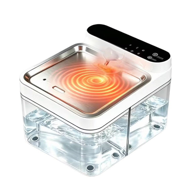 Pet water fountain with a steel bowl and orange glowing rings above a clear tank, the Thermostatic option