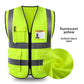 Fluorescent yellow knit reflective work vest with chest ID window pocket and two flap pockets