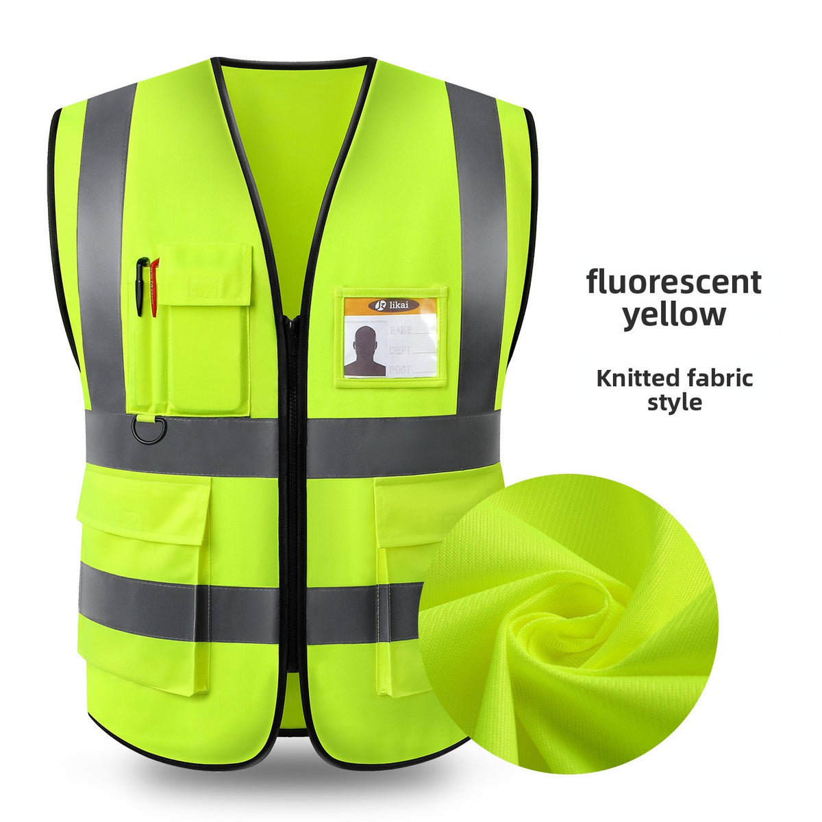 Fluorescent yellow knit reflective work vest with chest ID window pocket and two flap pockets