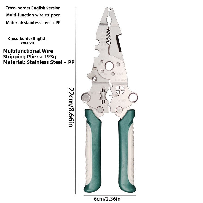 Screw cutting holes labelled M2.5 to M4 on the stainless steel head of the wire stripper