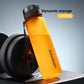 Orange sports water bottle labelled dynamic orange 1000 ml beside a dumbbell