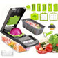 Clear catch container of the vegetable chopper filled with chopped vegetables