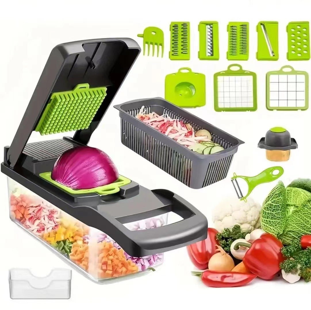 Clear catch container of the vegetable chopper filled with chopped vegetables