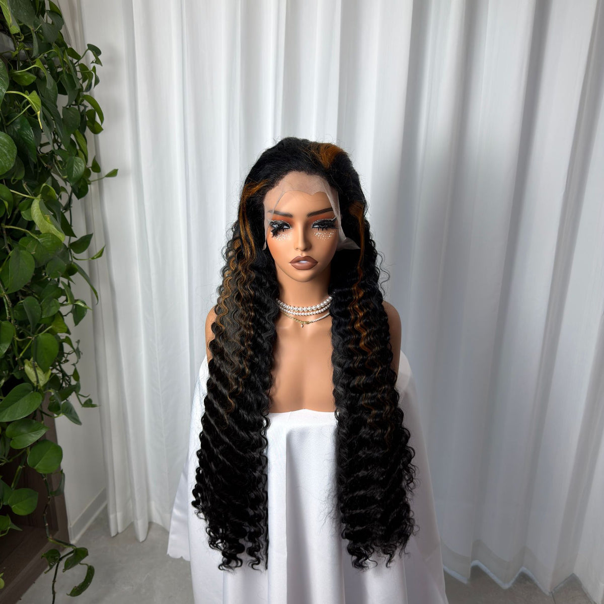 Long deep wave wig in black with copper highlights near the front, Black with Copper Highlights option