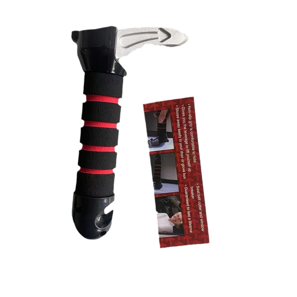 Portable car assist handle with a red foam grip, silver tip and base notch, shown beside a printed leaflet
