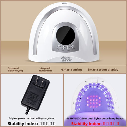 White dome nail lamp with silver trim, display and timer icons, plus power adapter and LED beads insets