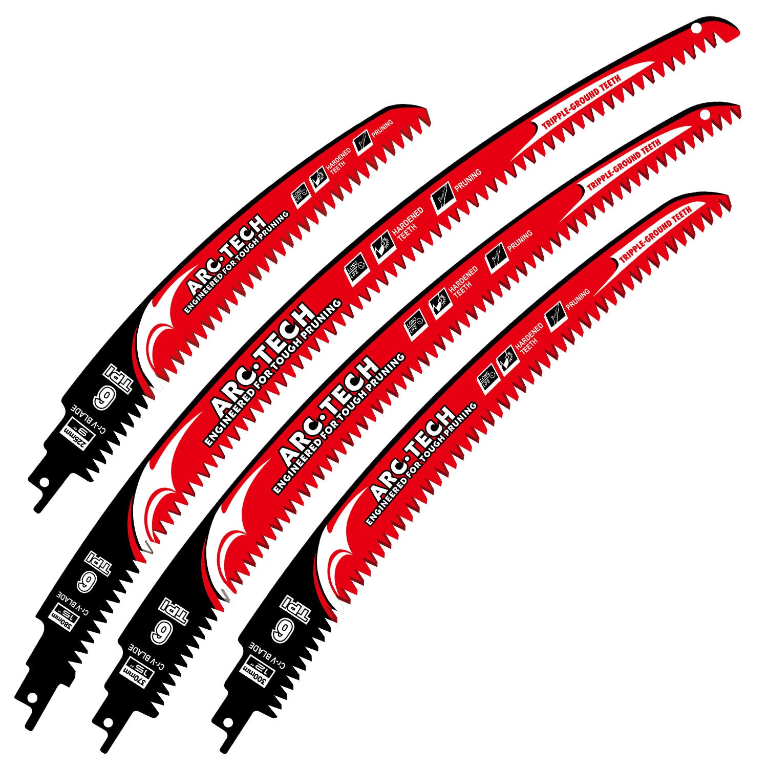 Red and black arc shaped reciprocating saw blade with hardened 6 TPI teeth on a plain background