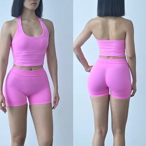 Seamless yoga set halter top and shorts in Black front view