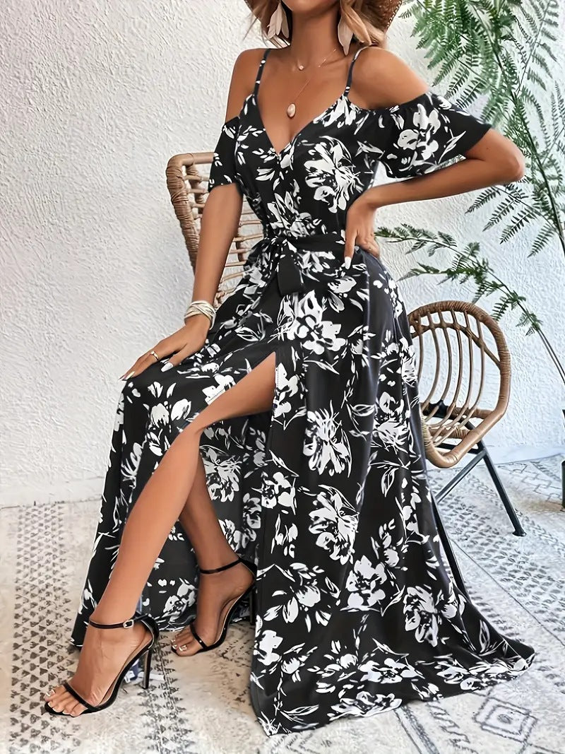 Floral cold shoulder maxi dress styled with heeled sandals in a full body view