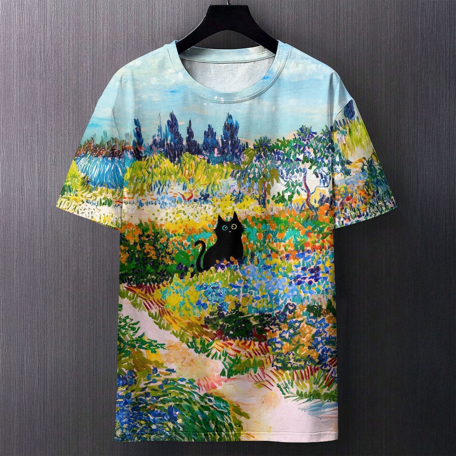 Close up of the jersey knit fabric and digital print texture on the t-shirt