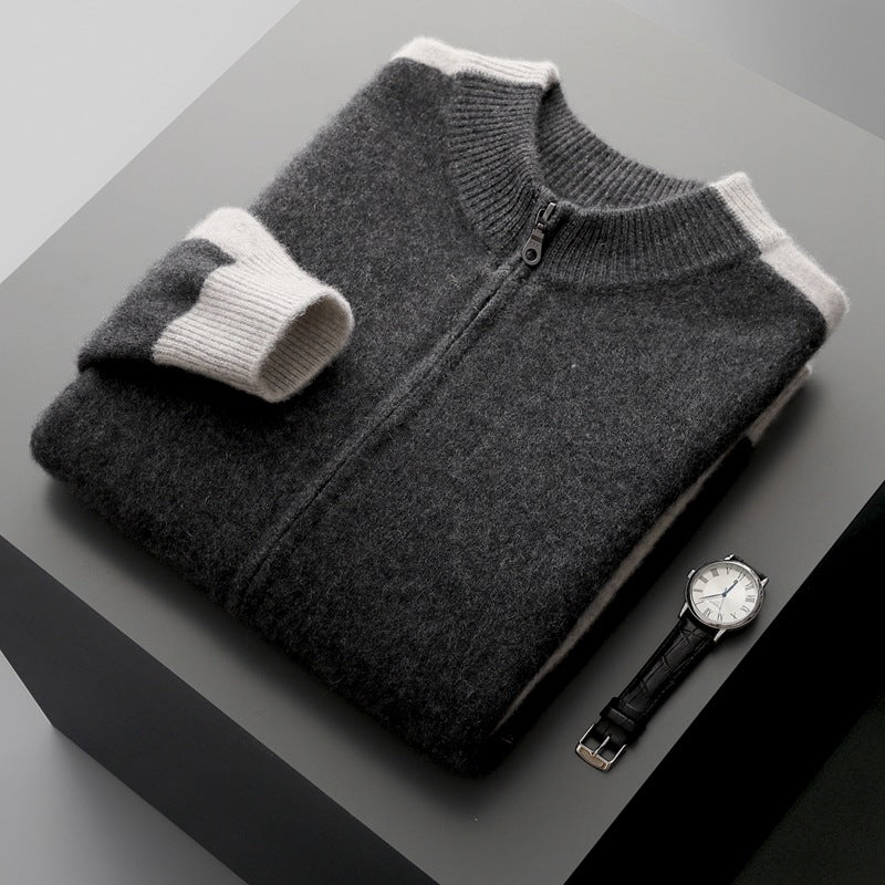 Folded dark gray wool zip cardigan with cream cuff and a watch on a dark surface, Dark Gray option, size S