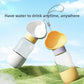 White and yellow pet water bottles with fold-out drinking troughs and grey carry cords for walks