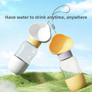 White and yellow pet water bottles with fold-out drinking troughs and grey carry cords for walks