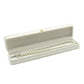 Open off white crown clasp necklace box with a pearl necklace resting on the grey lining