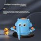 Blue drawing robot on a stand guiding strokes on paper next to a small duck figure