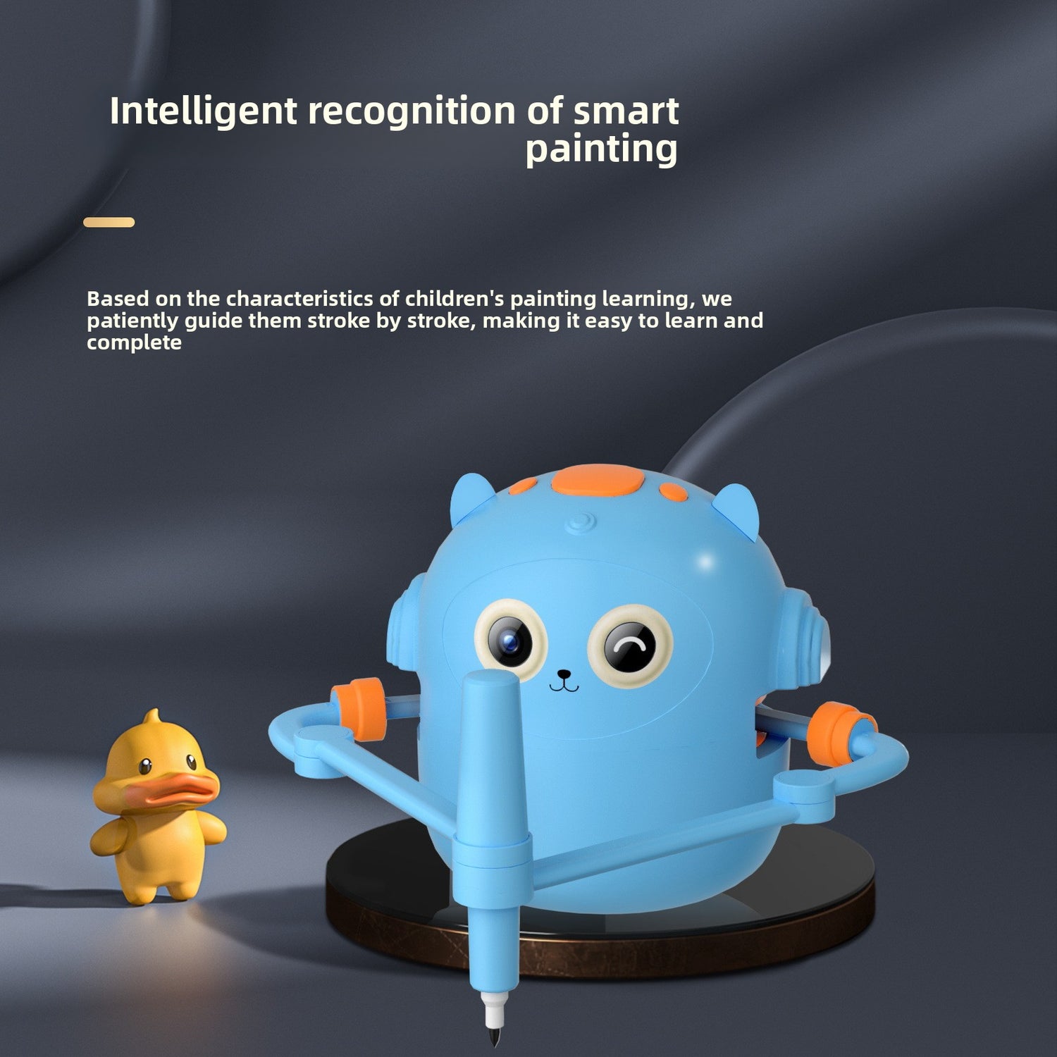 Blue drawing robot on a stand guiding strokes on paper next to a small duck figure