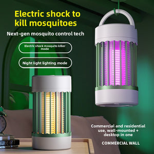 Electric mosquito killer lamp shown in purple insect mode and warm night light mode, hanging and on a nightstand