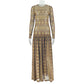 Close view of the amber and brown geometric diamond print on the fine mesh dress fabric