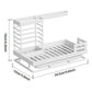 Black steel sink caddy front view with slotted sponge shelf and side cloth drying bar