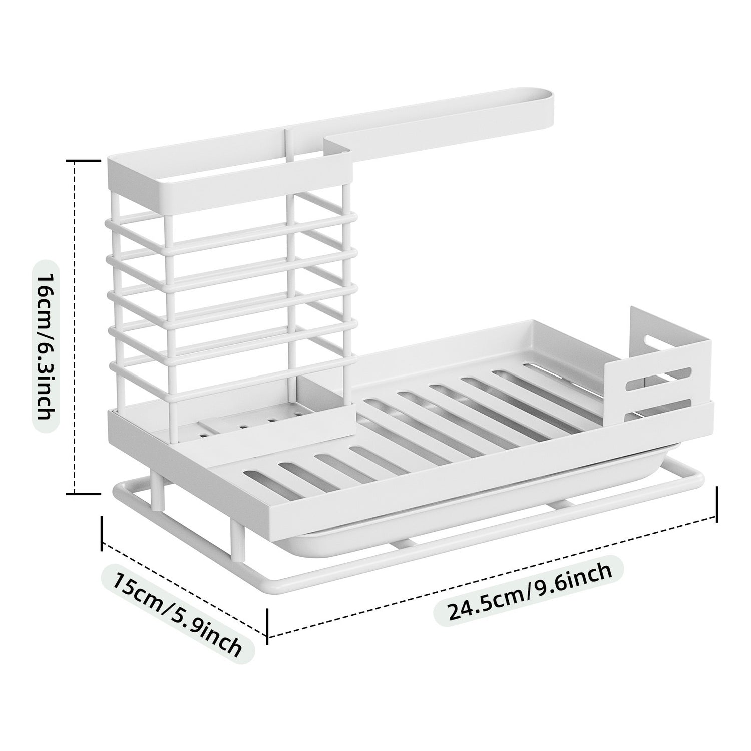 Black steel sink caddy front view with slotted sponge shelf and side cloth drying bar