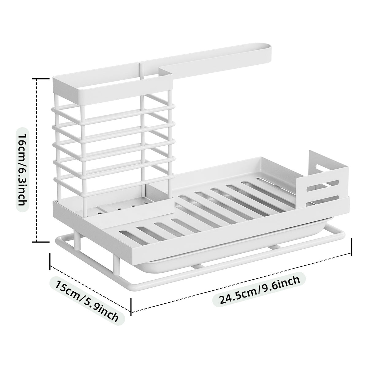 Black steel sink caddy front view with slotted sponge shelf and side cloth drying bar