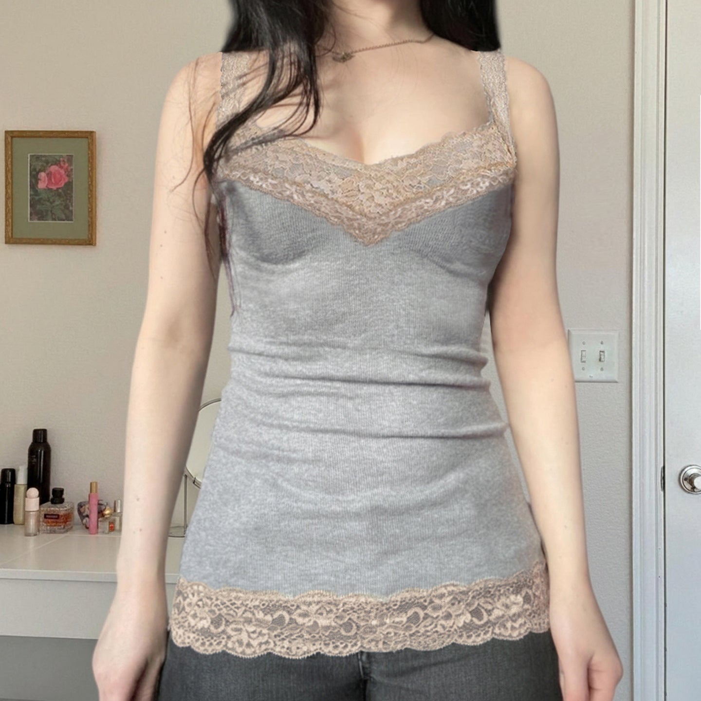 Gray V-neck camisole laid flat showing the lace neckline and slim cut