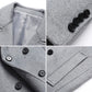 Four close-ups of a gray wool blend coat: lining and collar, four cuff buttons, front buttons and a flap pocket