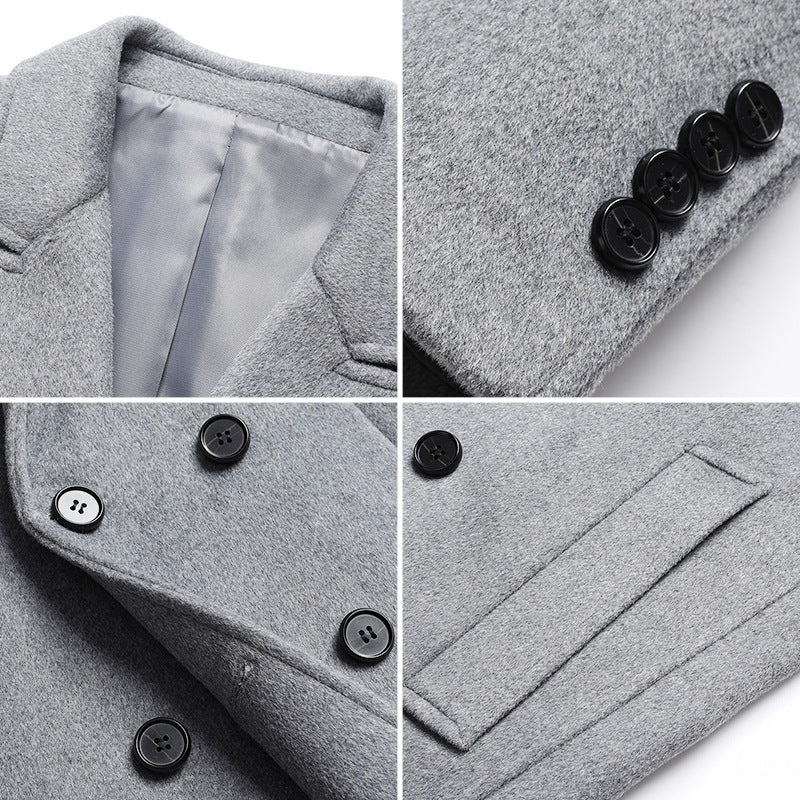 Four close-ups of a gray wool blend coat: lining and collar, four cuff buttons, front buttons and a flap pocket