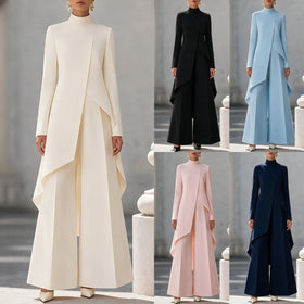 Womens Asymmetric High Neck Long Sleeve Top and Wide Leg Pants Set