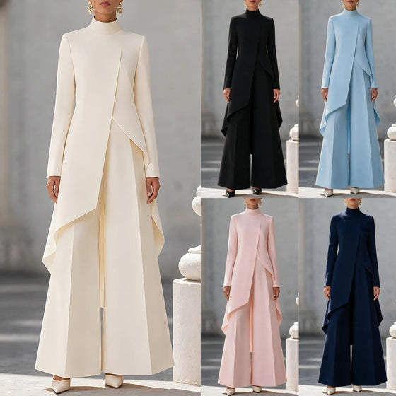 Womens Asymmetric High Neck Long Sleeve Top and Wide Leg Pants Set