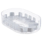 Clear oval rotating storage tray with gray white dividers on a white background, shown empty from above