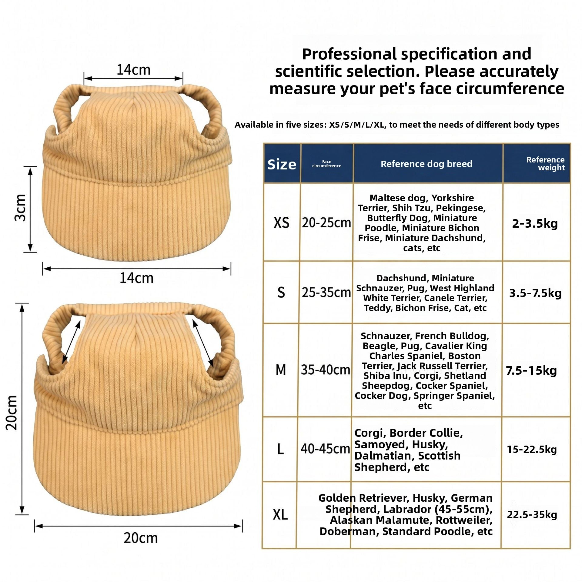 Corduroy pet baseball cap with two ear openings and a front brim