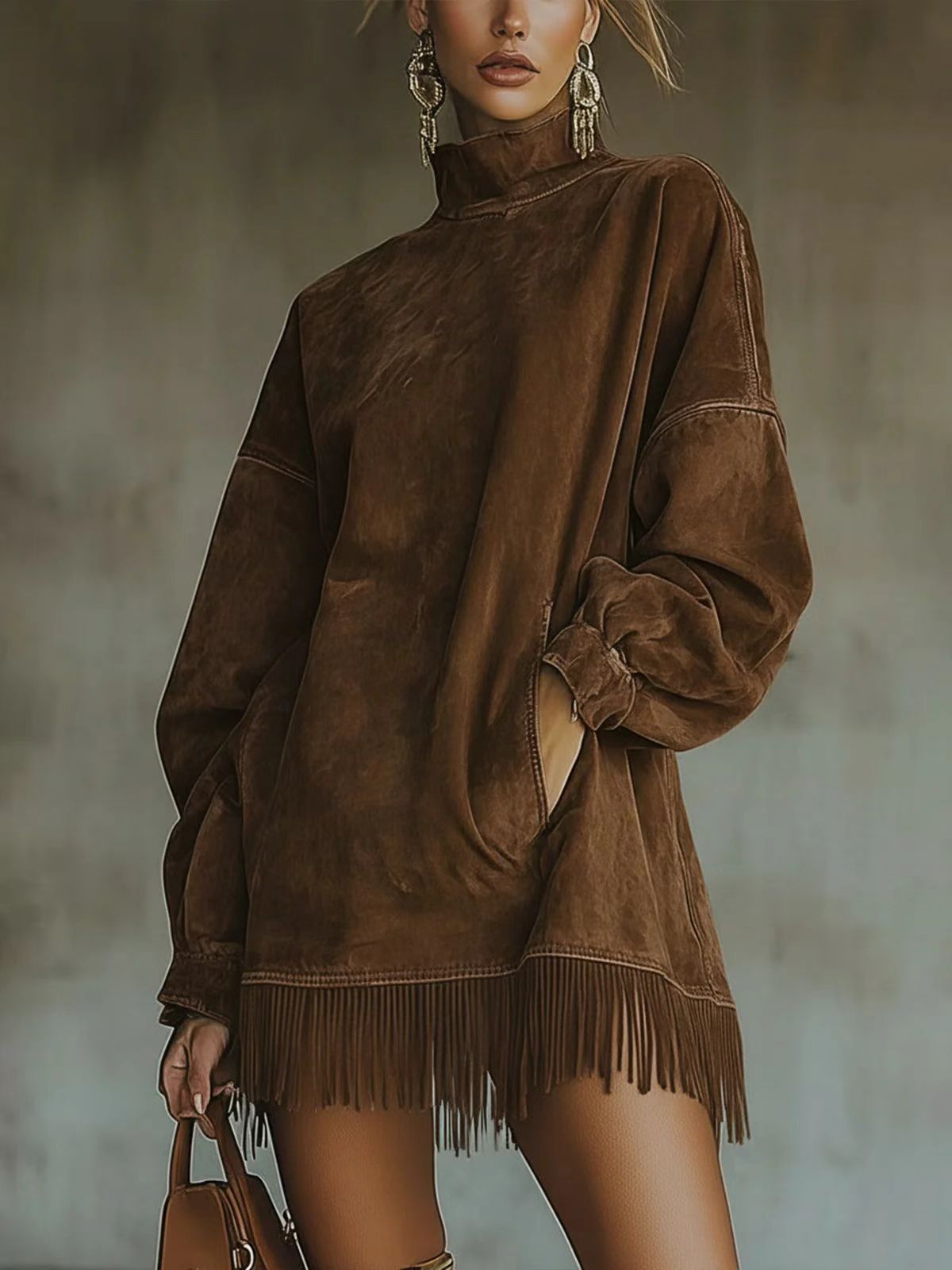Pink washed vegan suede mock neck dress with drop shoulder sleeves and fringe hem