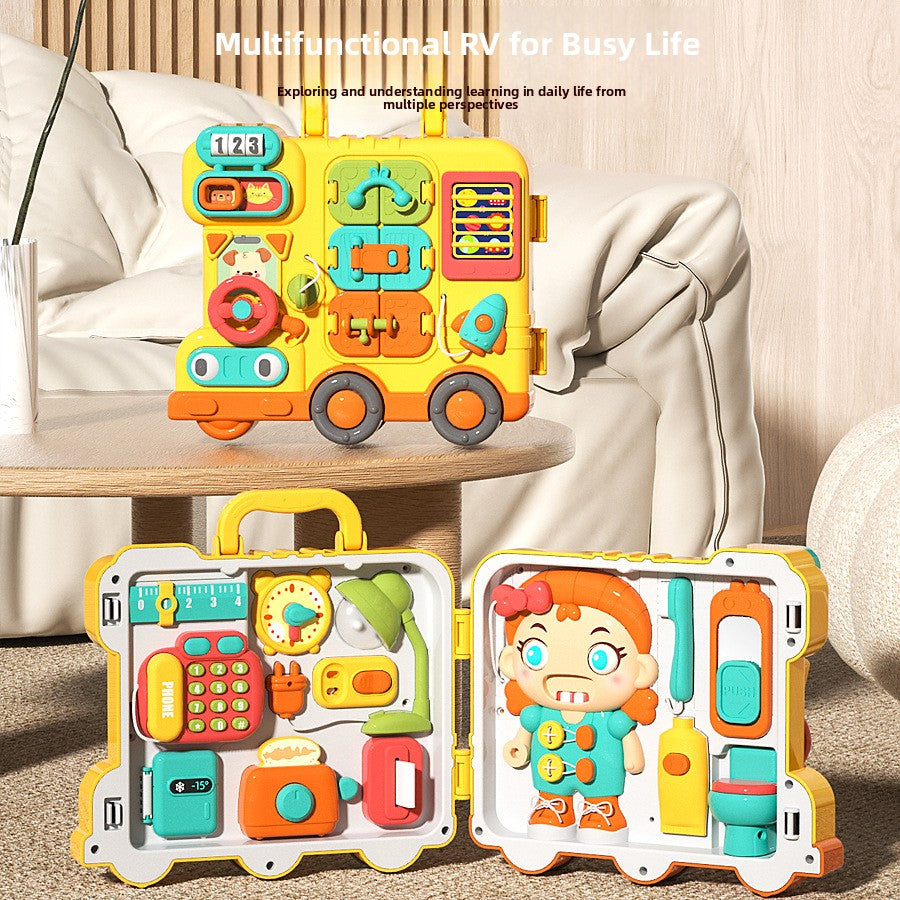 Close view of the busy board pieces on the yellow toy bus