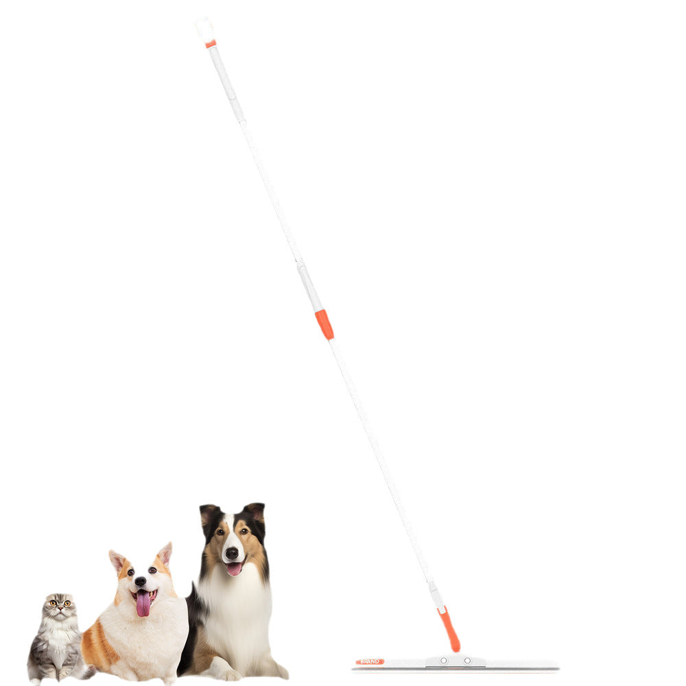 Long handle pet hair remover fully extended on a white background with a cat and two dogs, long handle version shown
