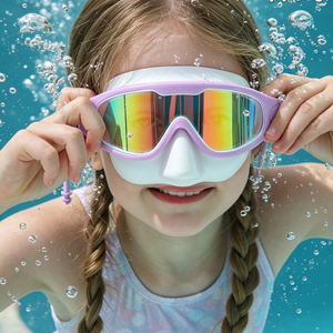 Large frame swimming goggles with a mirror electroplated lens shown at a pool