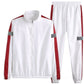 Side view of white zip hooded tracksuit jacket and jogger pants with reflective tape