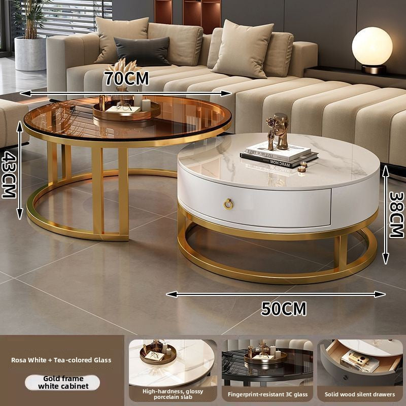 Round nesting tables, gold frame, white cabinet, white stone and tea glass tops, labeled 70 CM and 50 CM