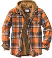Mens plaid hooded jacket worn buttoned over a casual layer