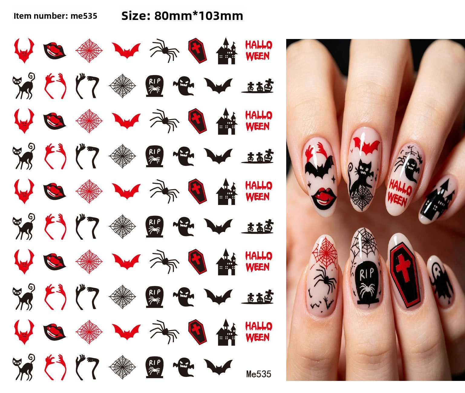 Halloween nail art with cartoon skeleton and monster face designs