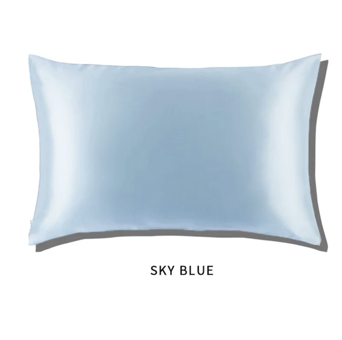 Glacier blue slip glossy silk pillowcase on a white background