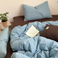 Blue and coral striped cotton quilt cover with brown pillowcase and brown sheet, 2.0 m flat sheet set option