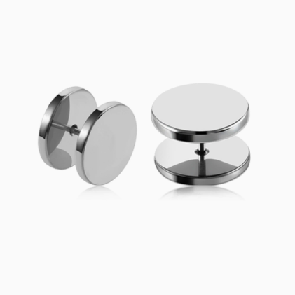 Stainless steel fake plug style disc studs, front and back discs on a post view two